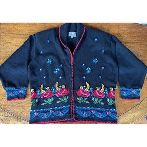 Susan Bristol Black Cardigan with Vibrant Floral Embroidered Patterns